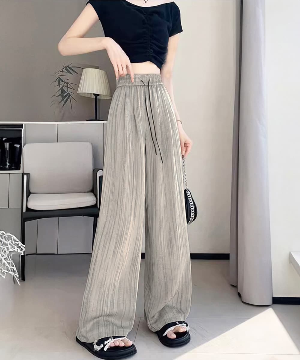 パンツセットアップ 縦縞模様ワイドパンツ 薄手涼感夏用長ズボン