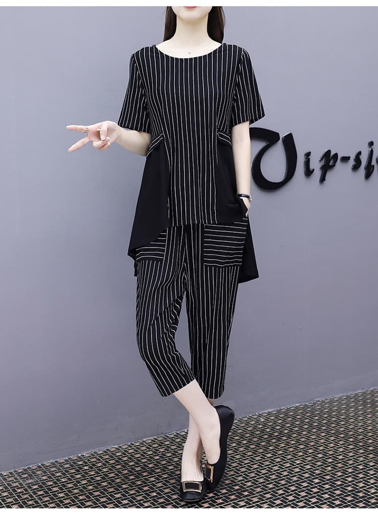 パンツセットアップ ストライプ切替ワイドパンツセット