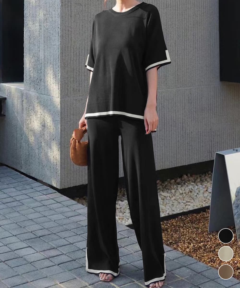 配色ラインニットとワイドパンツセットアップ