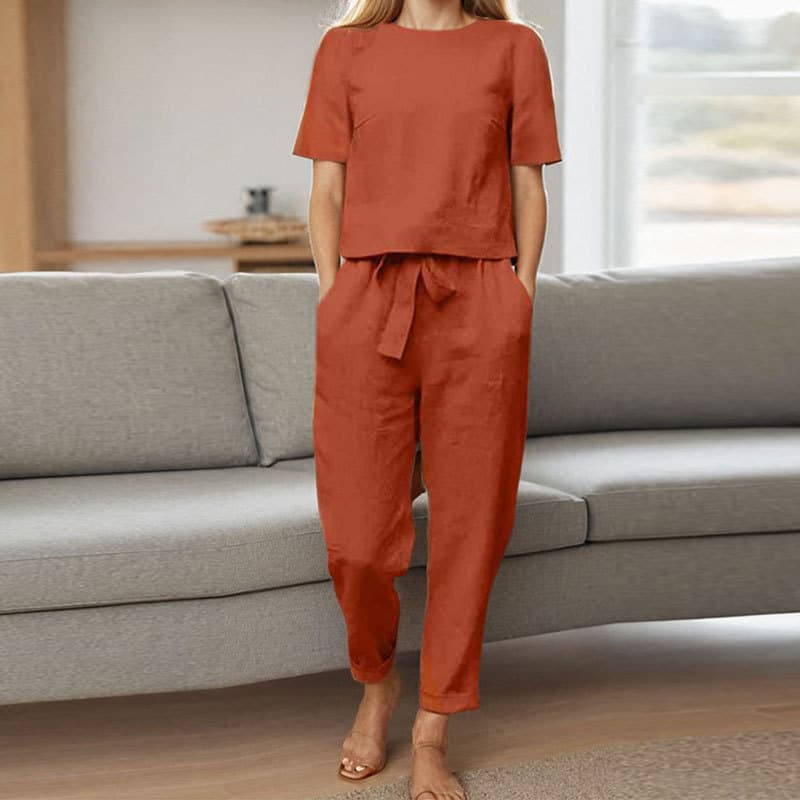 パンツセットアップ リネン風ワイドパンツセットアップ