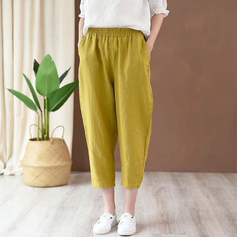 パンツセットアップ リネン素材のゆったりクロップドパンツ