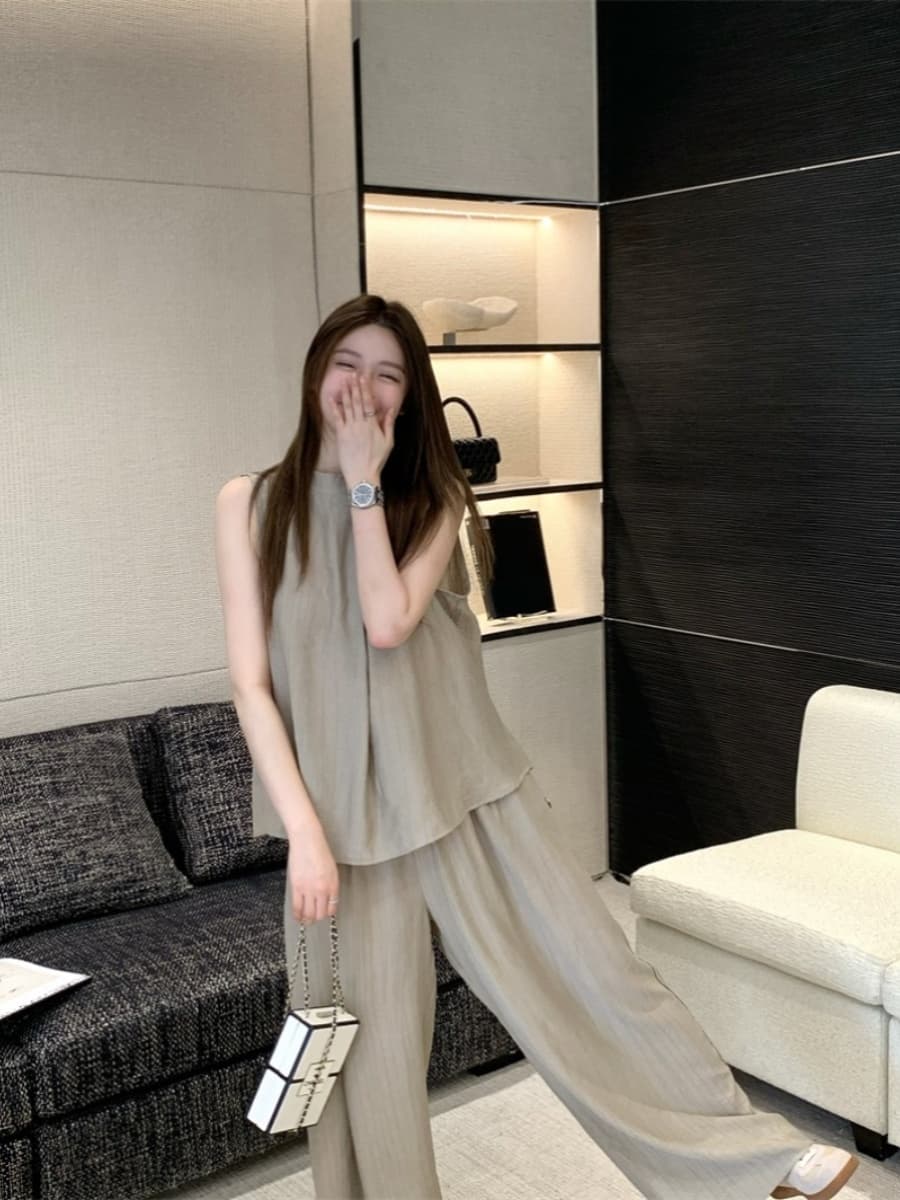 パンツセットアップ ワイド ノースリーブ優雅ワイドパンツセット
