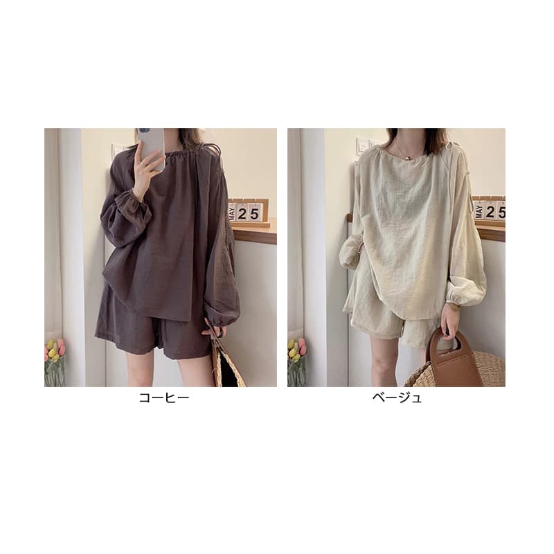 パンツセットアップ 肩開きブラウス×ショートパンツセット