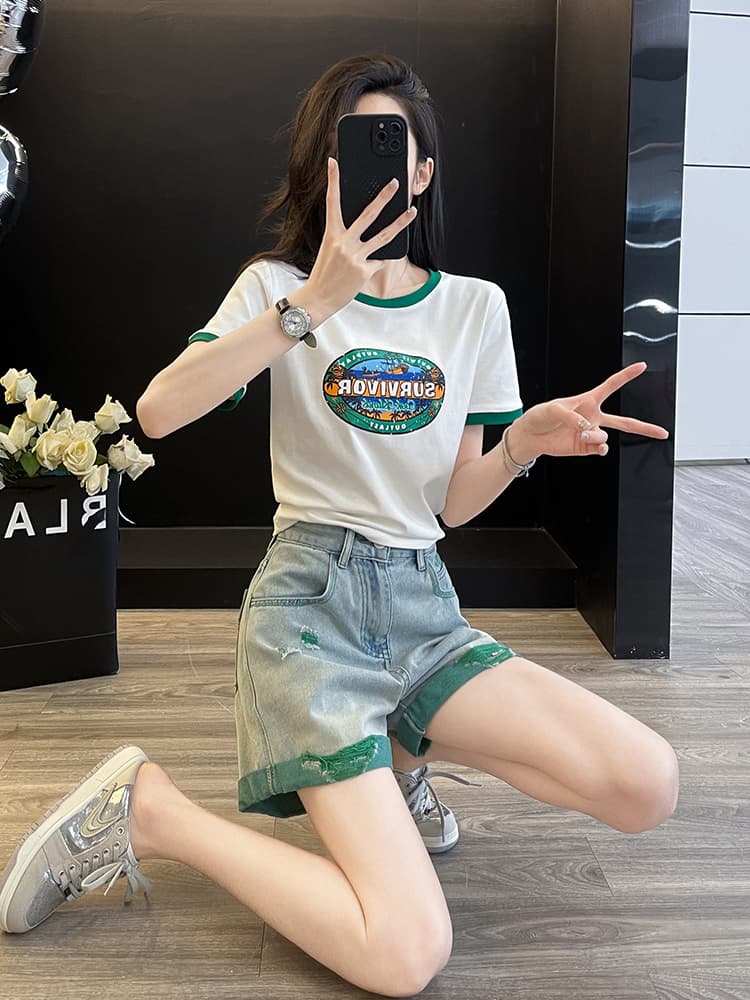 配色パイピング半袖Tシャツデニムショートパンツセットアップ