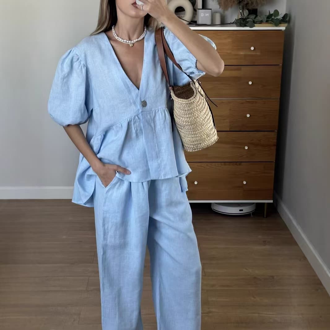 パンツセットアップ 優美ペプラムバルーン袖ワイドパンツ