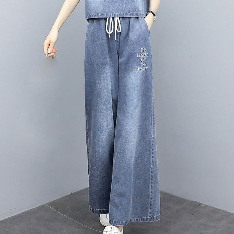 パンツセットアップ デニム風フード付きワイドパンツセット