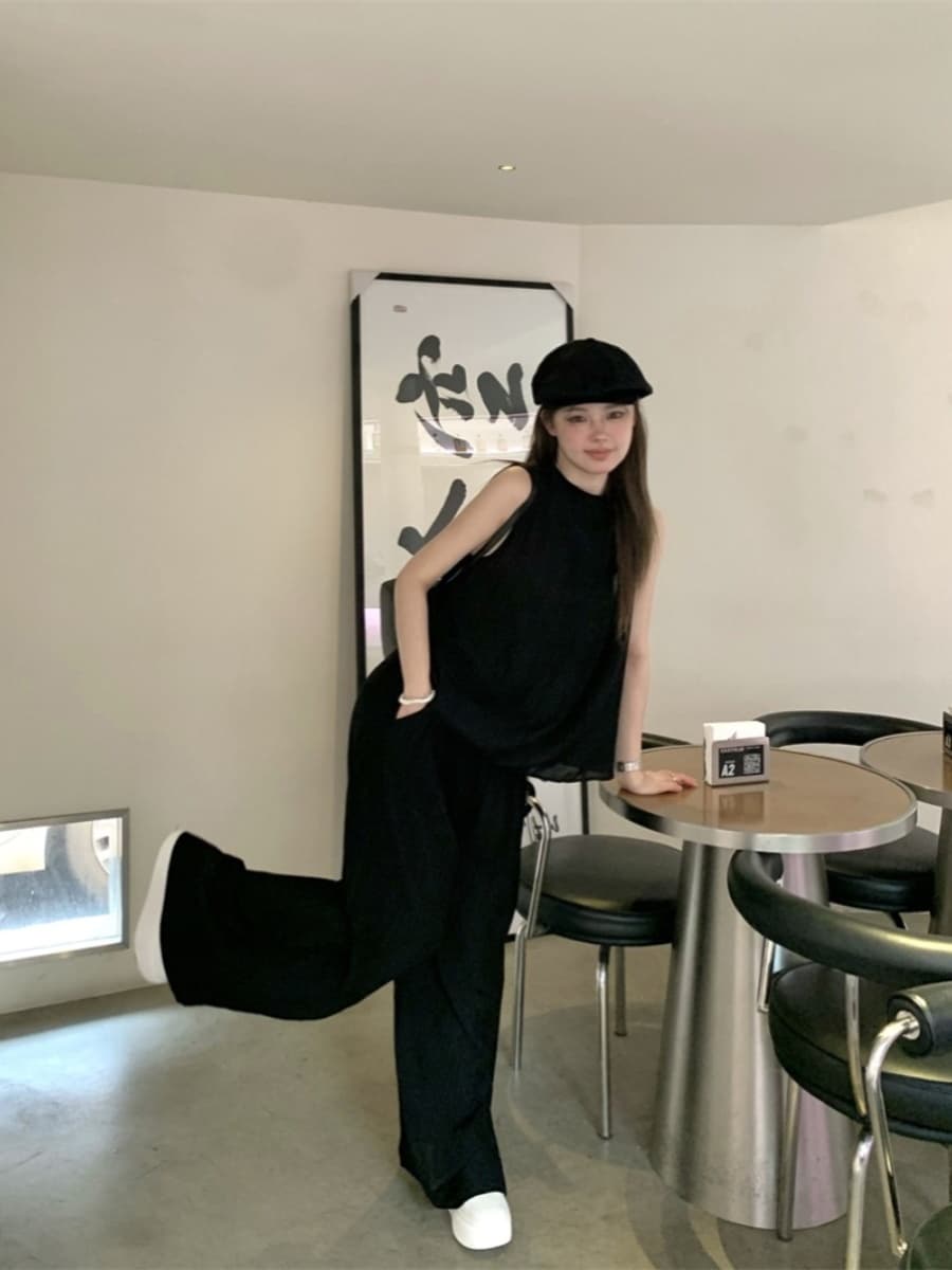 パンツセットアップ ワイド ノースリーブ優雅ワイドパンツセット
