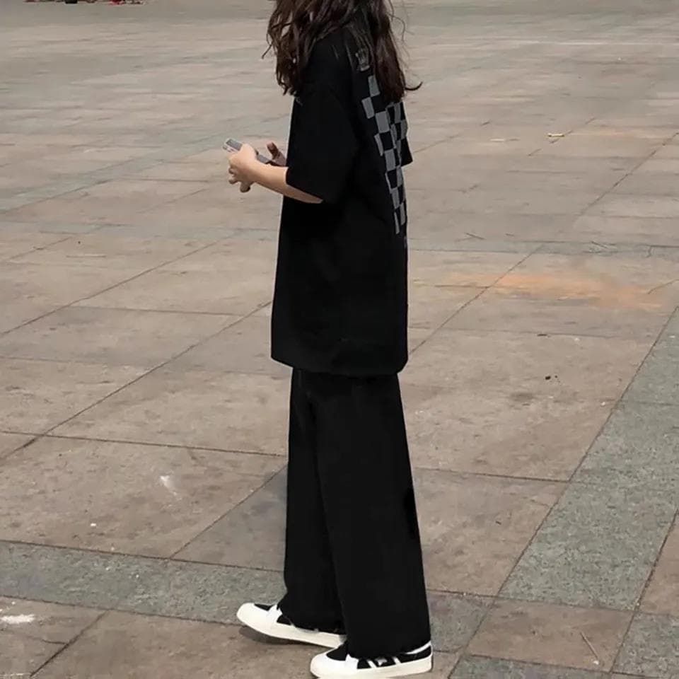 パンツセットアップ ワイド 市松模様バックプリント