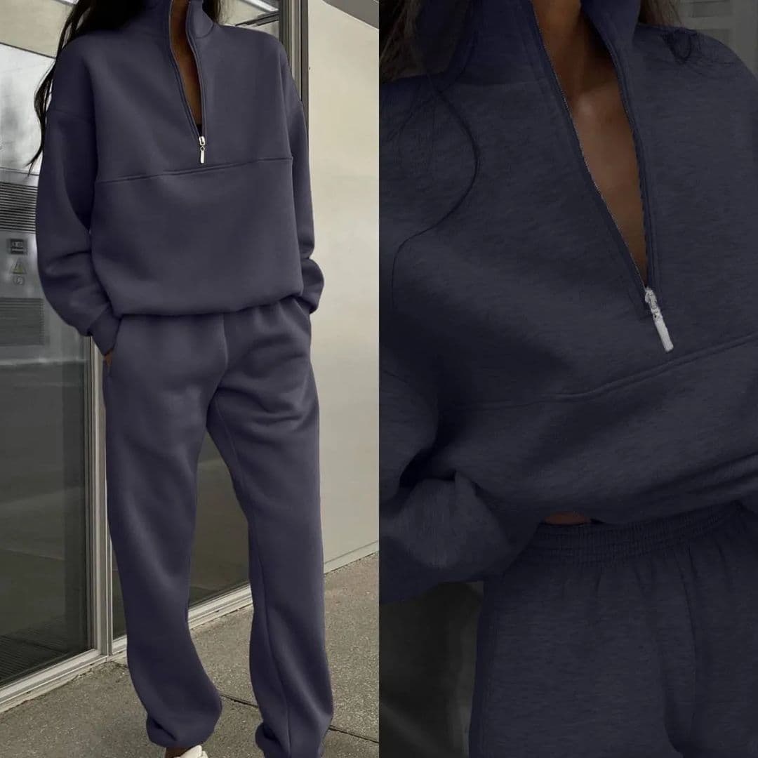 パンツセットアップ ハーフジップトップス×ワイドパンツの上下セットアップ