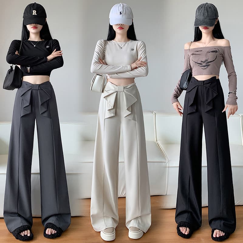 パンツセットアップ リボン飾りウエストワイドパンツ