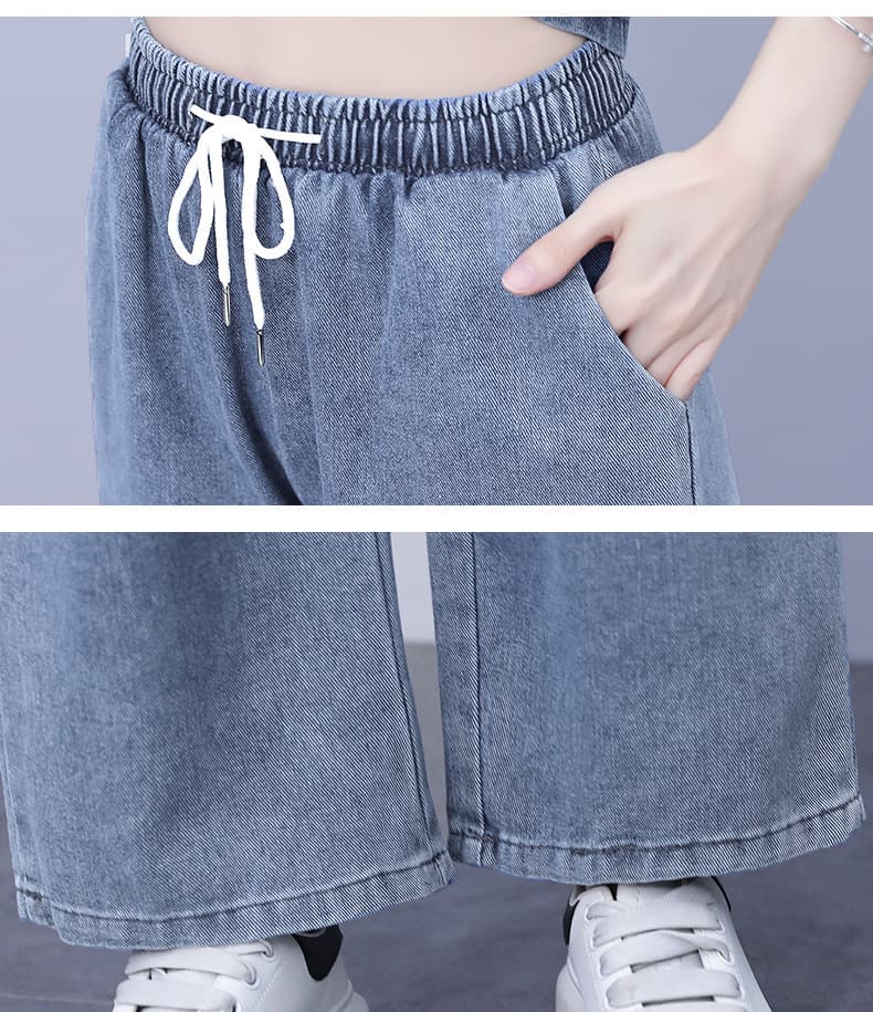 パンツセットアップ デニム風フード付きワイドパンツセット