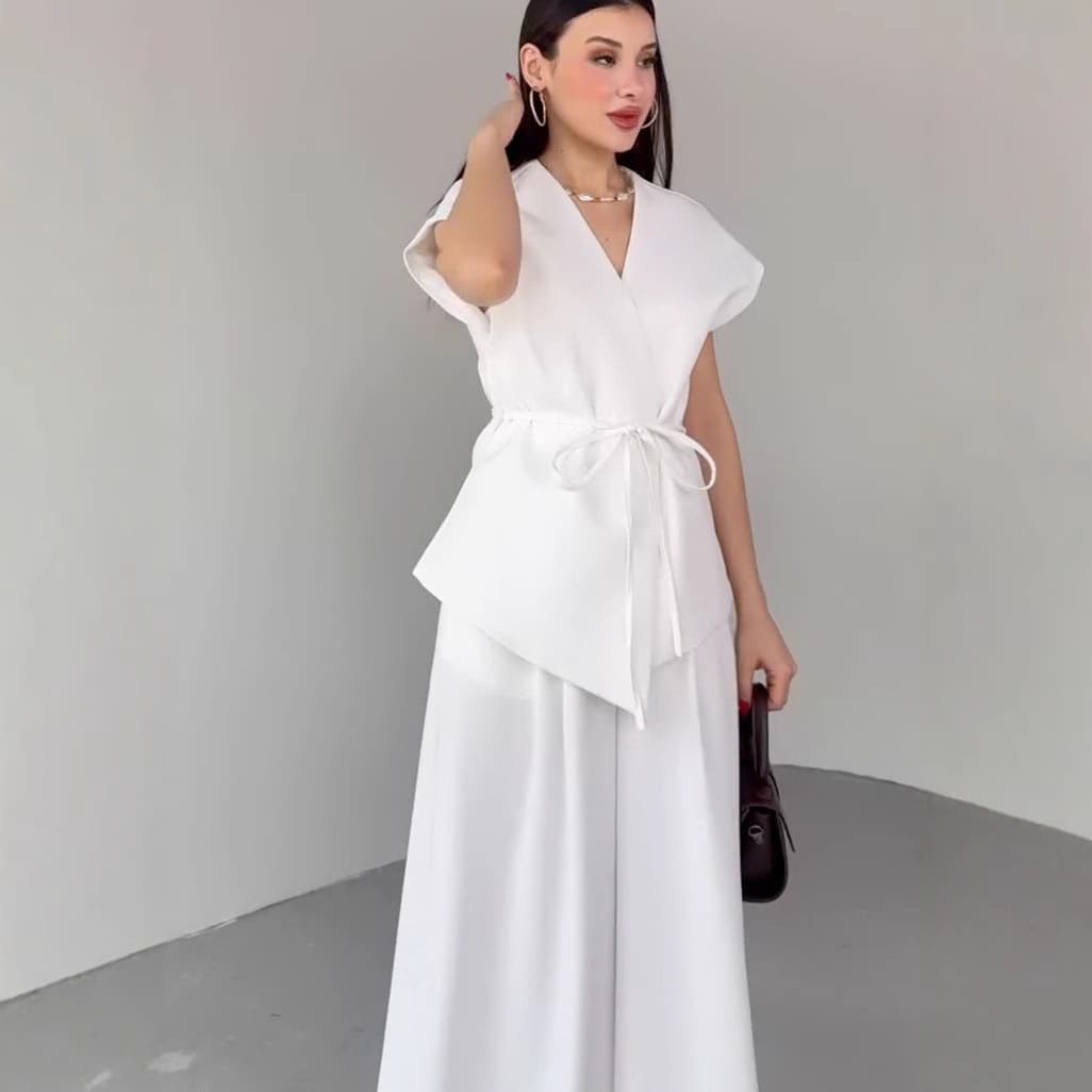 パンツセットアップ 優美リボン結びワイドパンツセット
