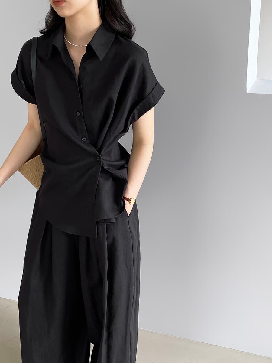 パンツセットアップ リネン風ゆったり半袖パンツセットアップ