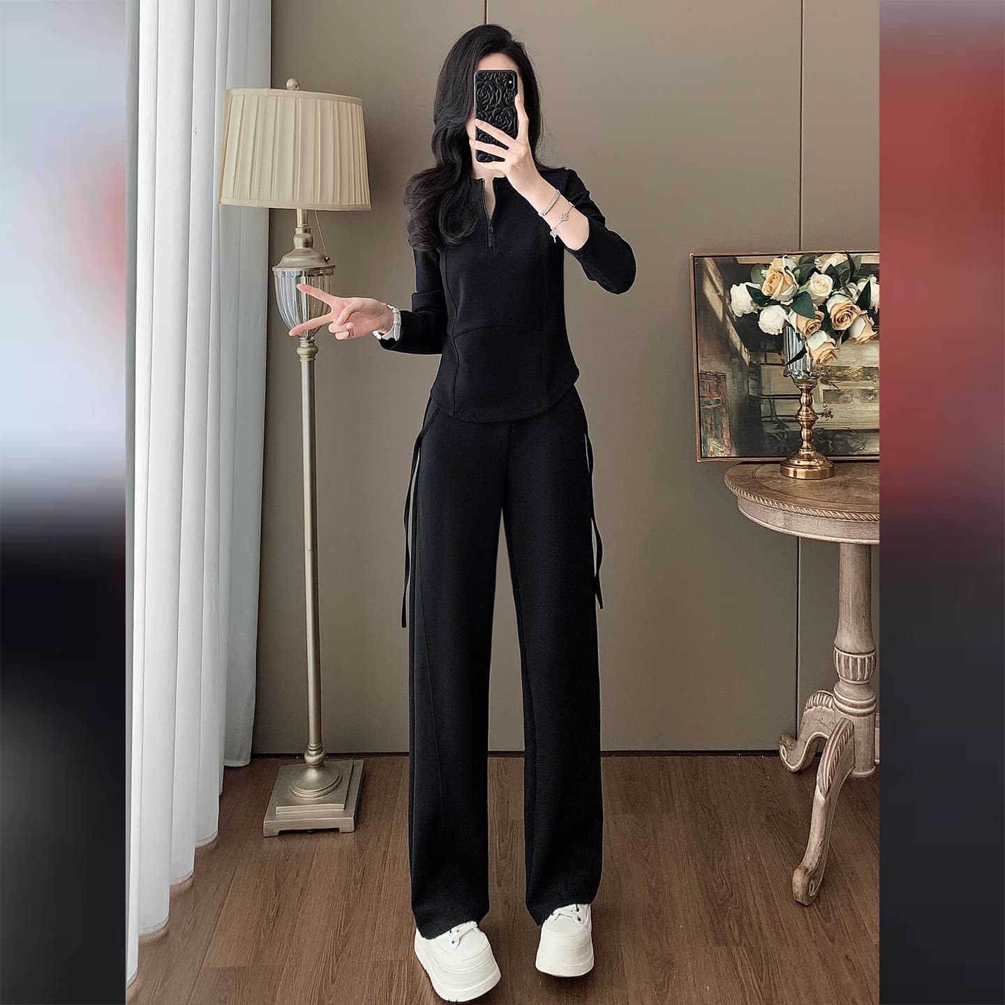 パンツセットアップ 優雅リボンデザインワイドパンツセット