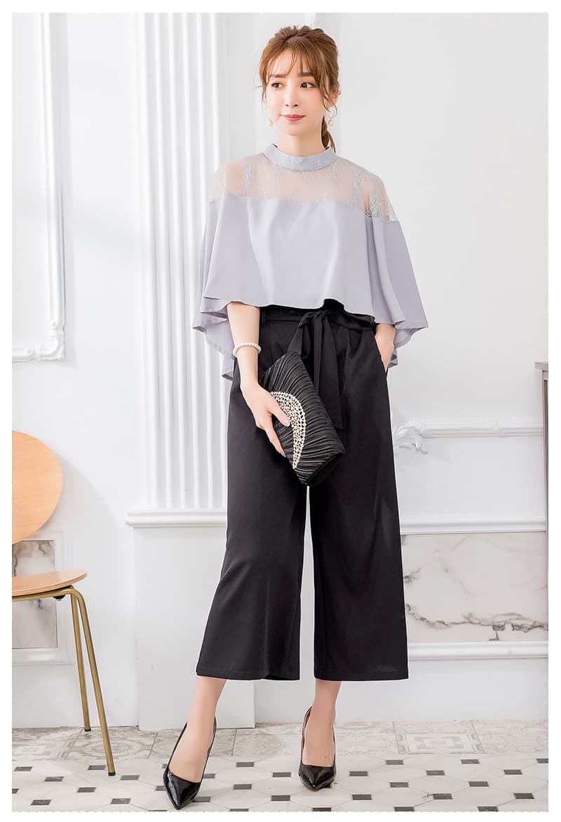 パンツセットアップ レース切替フレアスリーブセットアップ