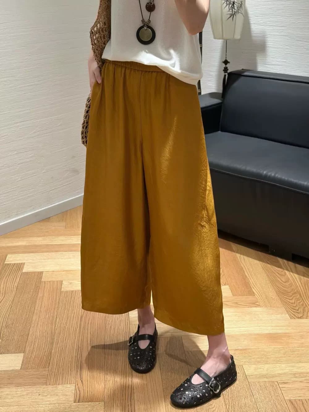 パンツセットアップ なめらか素材ワイドパンツセットアップ