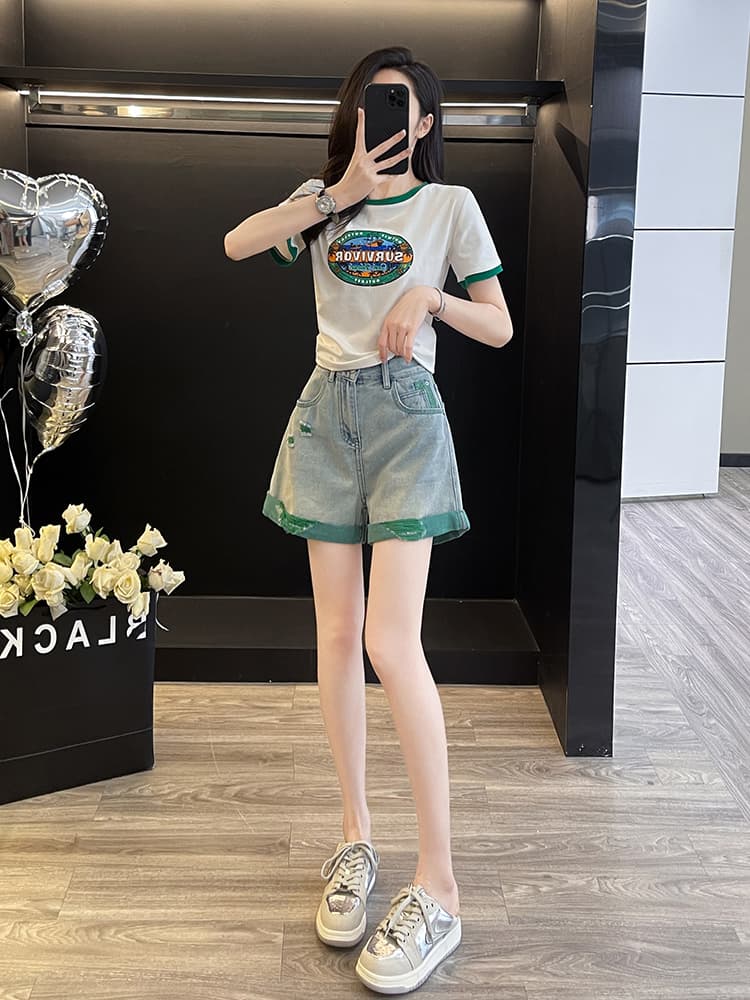 配色パイピング半袖Tシャツデニムショートパンツセットアップ
