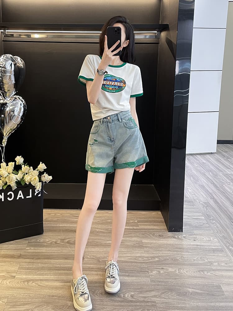 配色パイピング半袖Tシャツデニムショートパンツセットアップ