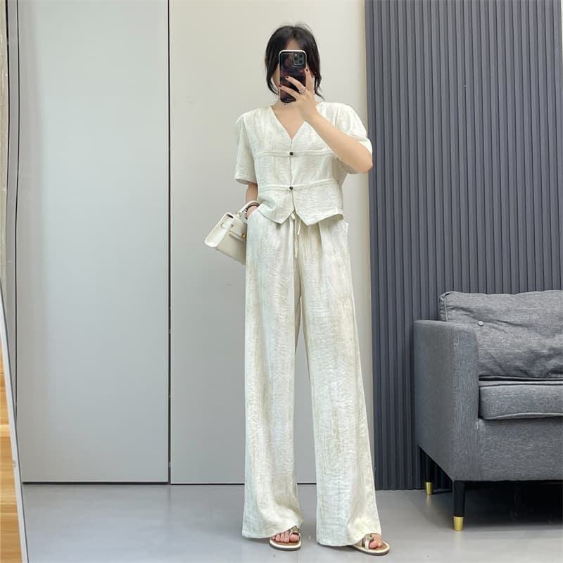 パンツセットアップ ワイド パフスリーブ麻混ワイドセットアップ