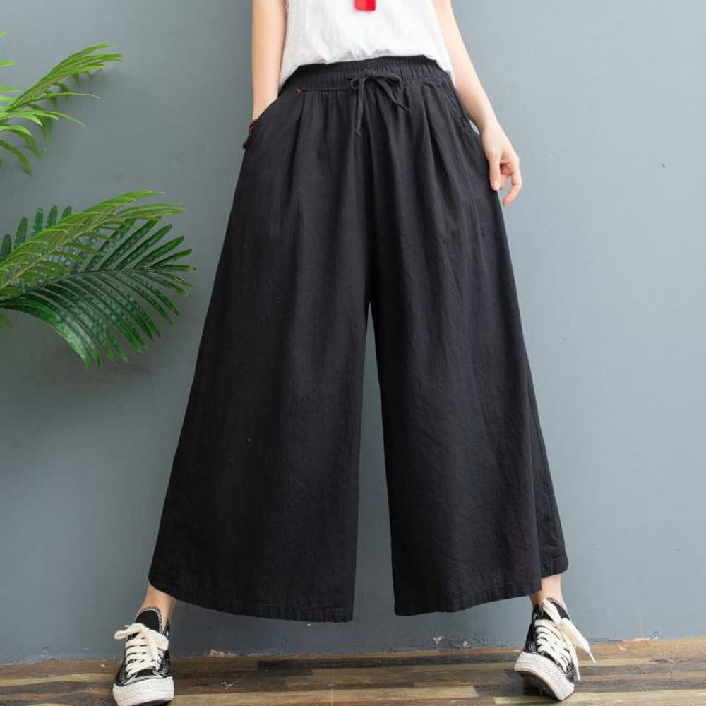 パンツセットアップ 麻混ワイドパンツ レディース ゆったり紐付き