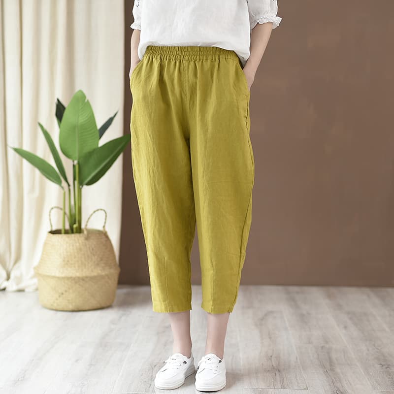 パンツセットアップ リネン素材のゆったりクロップドパンツ