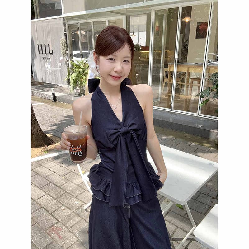 フリルリボンホルターネックトップスとワイドパンツの上下セット