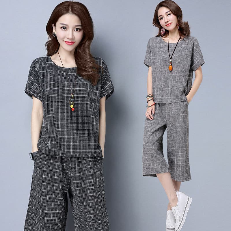パンツセットアップ 格子柄ゆったりパンツセットアップ