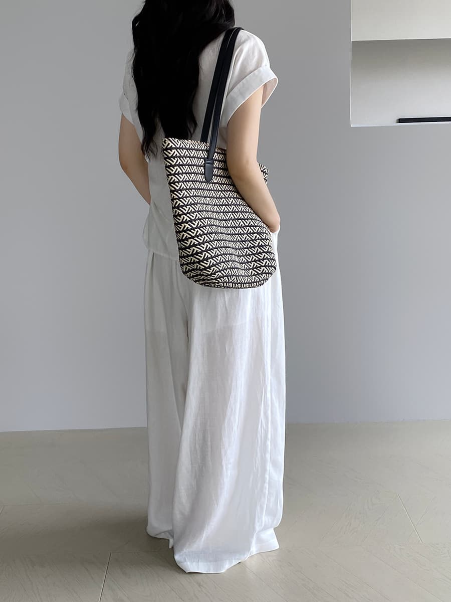パンツセットアップ リネン風ゆったり半袖パンツセットアップ