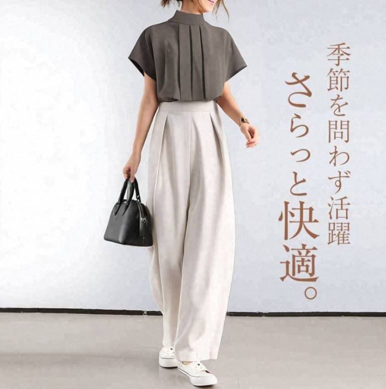 パンツセットアップ スタンドカラープリーツワイドパンツセット