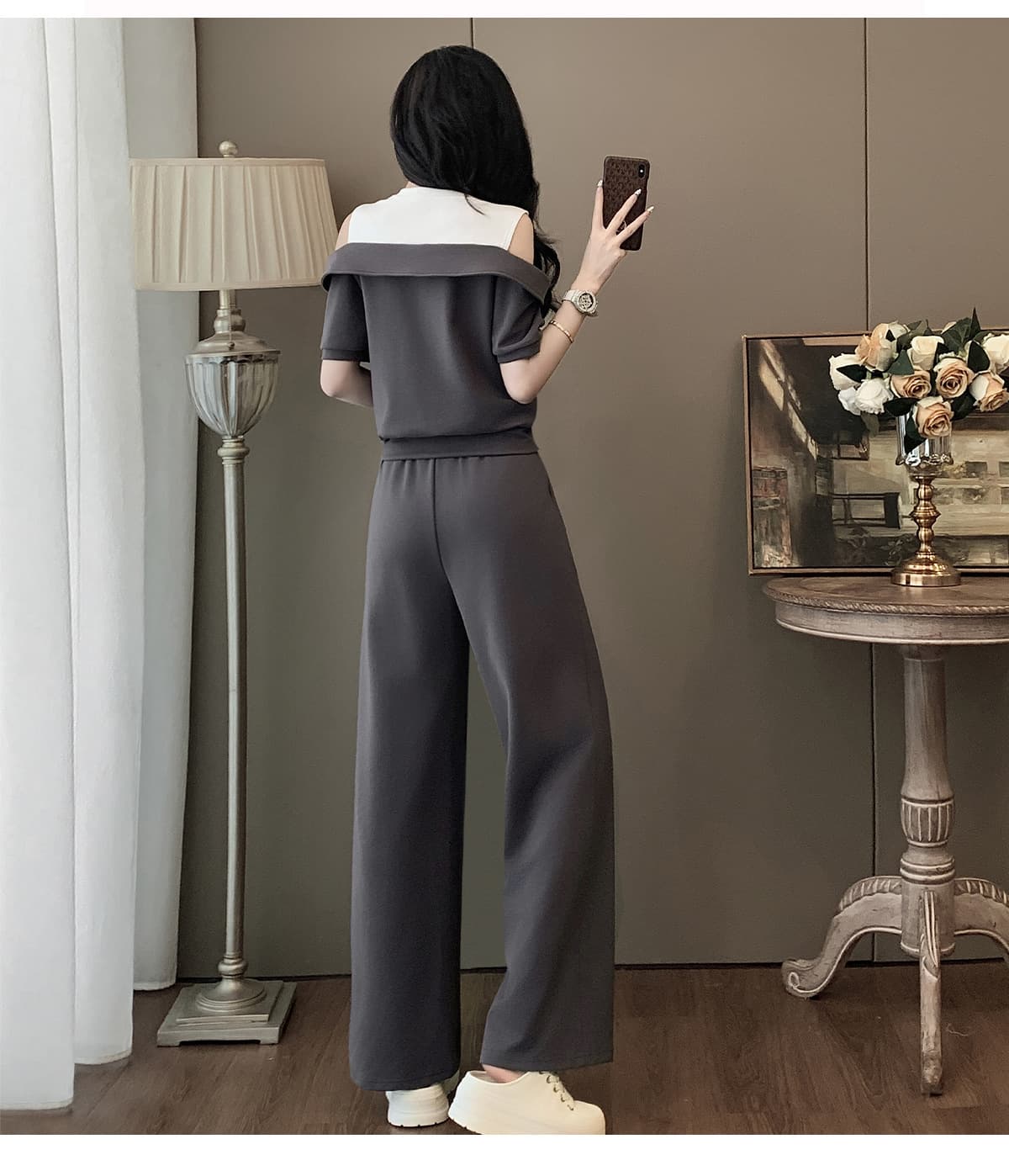 肩開きデザインワイドパンツセットアップ